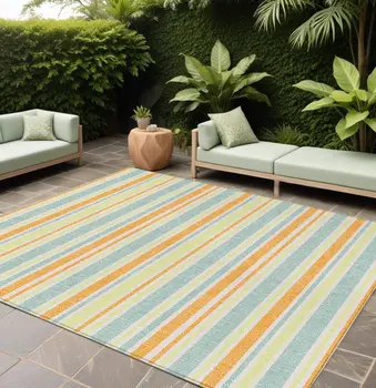 10' X 14' Orange Striped Washable Non Skid Indoor Outdoor Area Rug