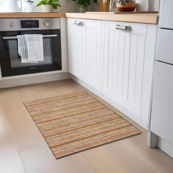 2' X 3' Beige and Orange Striped Washable Non Skid Indoor Outdoor Area Rug