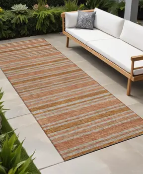 8' Beige And Orange Striped Washable Indoor Outdoor Runner Rug