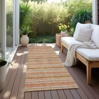 8' Beige And Orange Striped Washable Indoor Outdoor Runner Rug