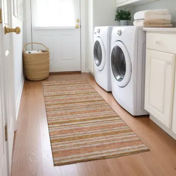 8' Beige And Orange Striped Washable Indoor Outdoor Runner Rug
