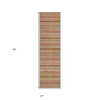8' Beige And Orange Striped Washable Indoor Outdoor Runner Rug