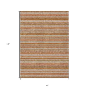3' X 5' Beige and Orange Striped Washable Non Skid Indoor Outdoor Area Rug