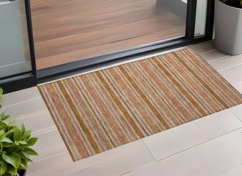 3' X 5' Beige and Orange Striped Washable Non Skid Indoor Outdoor Area Rug
