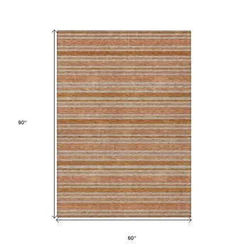 5' X 8' Beige and Orange Striped Washable Non Skid Indoor Outdoor Area Rug