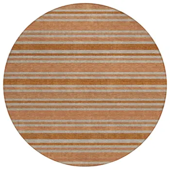 8' Round Beige and Orange Round Striped Washable Non Skid Indoor Outdoor Area Rug