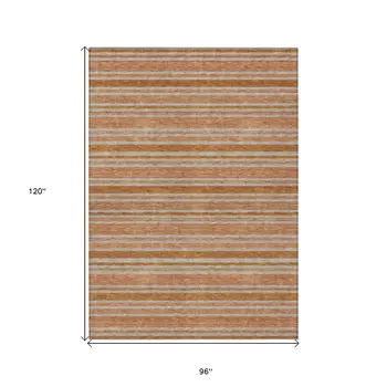 8' X 10' Beige and Orange Striped Washable Non Skid Indoor Outdoor Area Rug