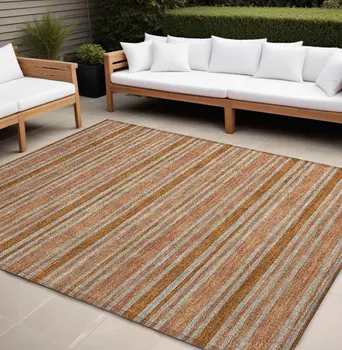 9' X 12' Beige and Orange Striped Washable Non Skid Indoor Outdoor Area Rug
