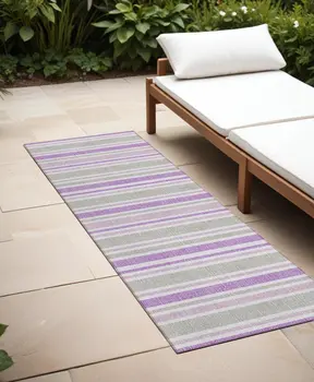 2' X 8' Purple Gray and White Striped Washable Non Skid Indoor Outdoor Area Rug