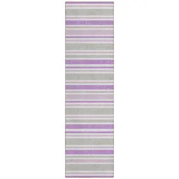 2' X 8' Purple Gray and White Striped Washable Non Skid Indoor Outdoor Area Rug