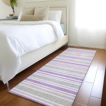 2' X 8' Purple Gray and White Striped Washable Non Skid Indoor Outdoor Area Rug