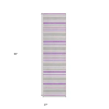 2' X 8' Purple Gray and White Striped Washable Non Skid Indoor Outdoor Area Rug