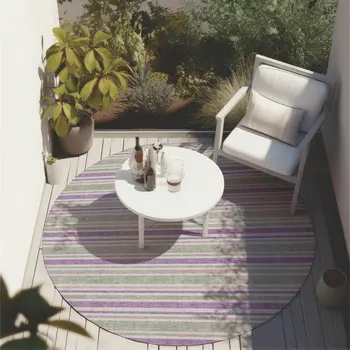 8' X 8' Purple Gray and White Round Striped Washable Non Skid Indoor Outdoor Area Rug