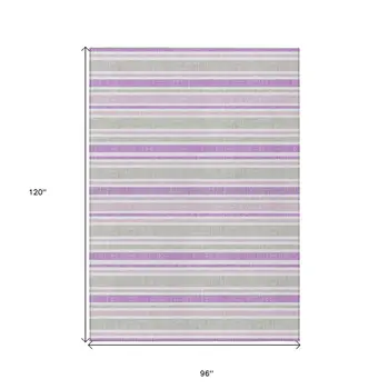 8' X 10' Purple Gray and White Striped Washable Non Skid Indoor Outdoor Area Rug
