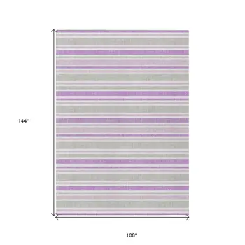9' X 12' Purple Gray and White Striped Washable Non Skid Indoor Outdoor Area Rug