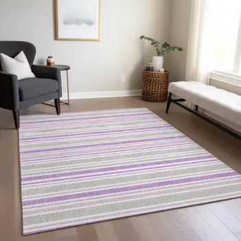 9' X 12' Purple Gray and White Striped Washable Non Skid Indoor Outdoor Area Rug