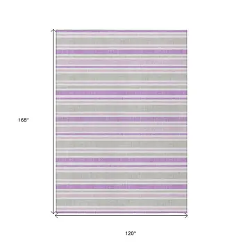 10' X 14' Purple Gray and White Striped Washable Non Skid Indoor Outdoor Area Rug