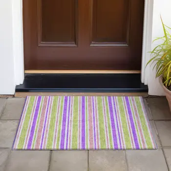 2' X 3' Purple Green and Pink Striped Washable Non Skid Indoor Outdoor Area Rug