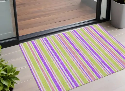 2' X 3' Purple Green and Pink Striped Washable Non Skid Indoor Outdoor Area Rug