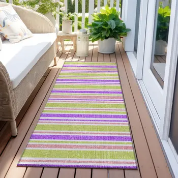 2' X 8' Purple Green and Pink Striped Washable Non Skid Indoor Outdoor Runner Rug