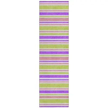 2' X 8' Purple Green and Pink Striped Washable Non Skid Indoor Outdoor Runner Rug