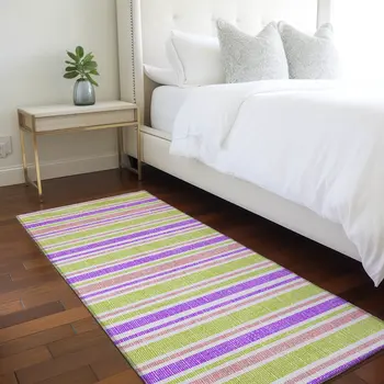 2' X 8' Purple Green and Pink Striped Washable Non Skid Indoor Outdoor Runner Rug