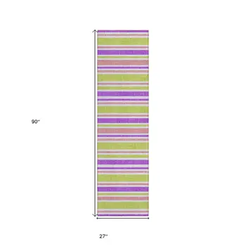 2' X 8' Purple Green and Pink Striped Washable Non Skid Indoor Outdoor Runner Rug