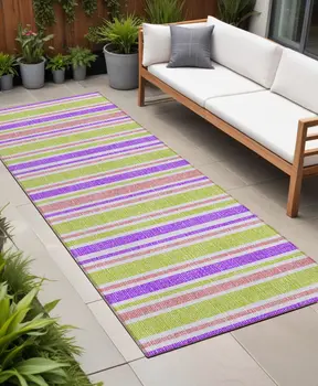 2' X 8' Purple Green and Pink Striped Washable Non Skid Indoor Outdoor Runner Rug