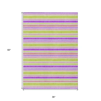3' X 5' Purple Green and Pink Striped Washable Non Skid Indoor Outdoor Area Rug