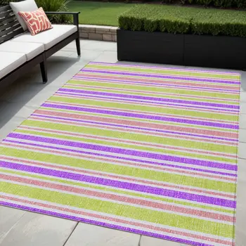 5' X 8' Purple Green and Pink Striped Washable Non Skid Indoor Outdoor Area Rug