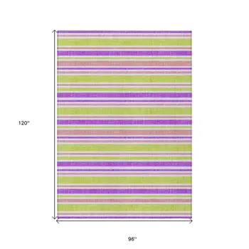 8' X 10' Purple Green and Pink Striped Washable Non Skid Indoor Outdoor Area Rug