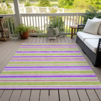 8' X 10' Purple Green and Pink Striped Washable Non Skid Indoor Outdoor Area Rug