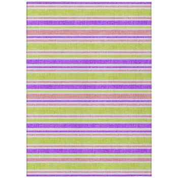 8' X 10' Purple Green and Pink Striped Washable Non Skid Indoor Outdoor Area Rug
