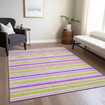 8' X 10' Purple Green and Pink Striped Washable Non Skid Indoor Outdoor Area Rug