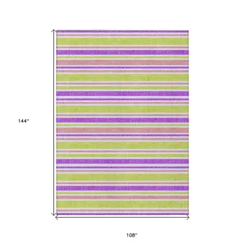 9' X 12' Purple Green and Pink Striped Washable Non Skid Indoor Outdoor Area Rug