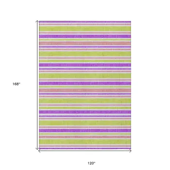 10' X 14' Purple Green and Pink Striped Washable Non Skid Indoor Outdoor Area Rug