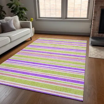10' X 14' Purple Green and Pink Striped Washable Non Skid Indoor Outdoor Area Rug