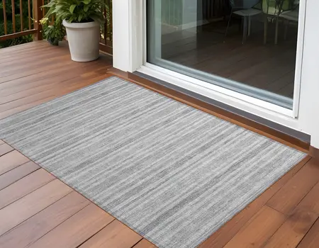 2' X 3' Black Silver and Gray Striped Washable Indoor Outdoor Area Rug