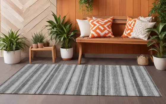 2' X 8' Black Silver and Gray Striped Washable Indoor Outdoor Runner Rug