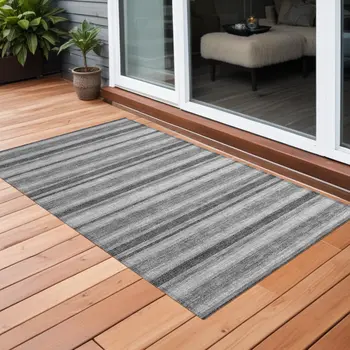 3' X 5' Black Silver And Gray Striped Washable Indoor Outdoor Area Rug