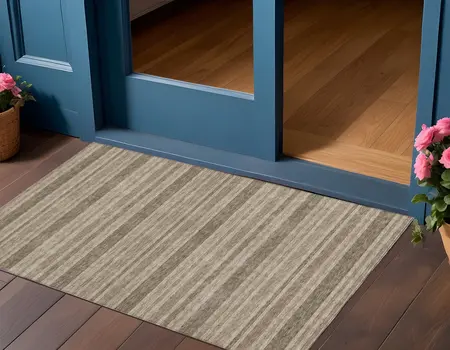 2' X 3' Taupe Striped Washable Indoor Outdoor Area Rug