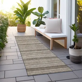 2' X 8' Taupe Striped Washable Indoor Outdoor Runner Rug
