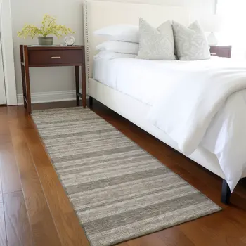 2' X 8' Taupe Striped Washable Indoor Outdoor Runner Rug