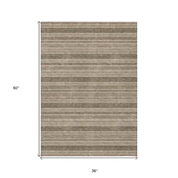 3' X 5' Taupe Striped Washable Indoor Outdoor Area Rug