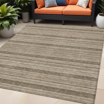 5' X 8' Taupe Striped Washable Indoor Outdoor Area Rug