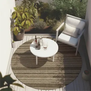 8' X 8' Taupe Round Striped Washable Indoor Outdoor Area Rug