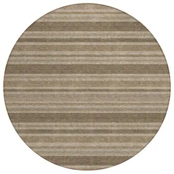 8' X 8' Taupe Round Striped Washable Indoor Outdoor Area Rug