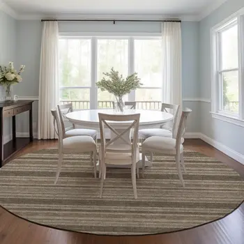 8' X 8' Taupe Round Striped Washable Indoor Outdoor Area Rug