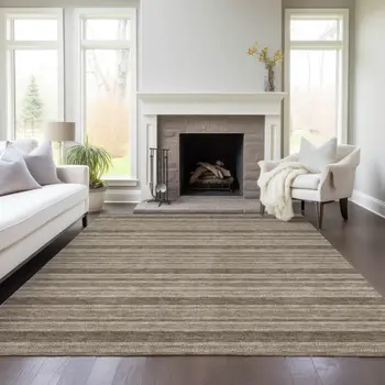 9' X 12' Taupe Striped Washable Indoor Outdoor Area Rug
