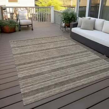 9' X 12' Taupe Striped Washable Indoor Outdoor Area Rug